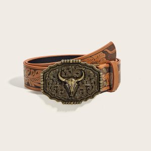 【DSH ZAMP】Western cowboy style belt, new design with engraved cow heads and retro distressed embossed pattern, suitable for both men and women, a trendy belt for the current trend.