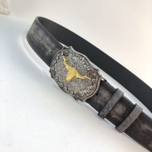 【DSH ZAMP】Western cowboy belt, with large cow head buckle, trendy retro style, suitable for young men in the social circle, punk-inspired leather belt for the waist.